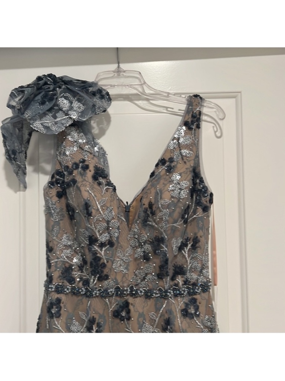 Mac Duggal Nude Midi Dress with Blue Floral Lace and Shoulder Bow Accent - Picture 7 of 9